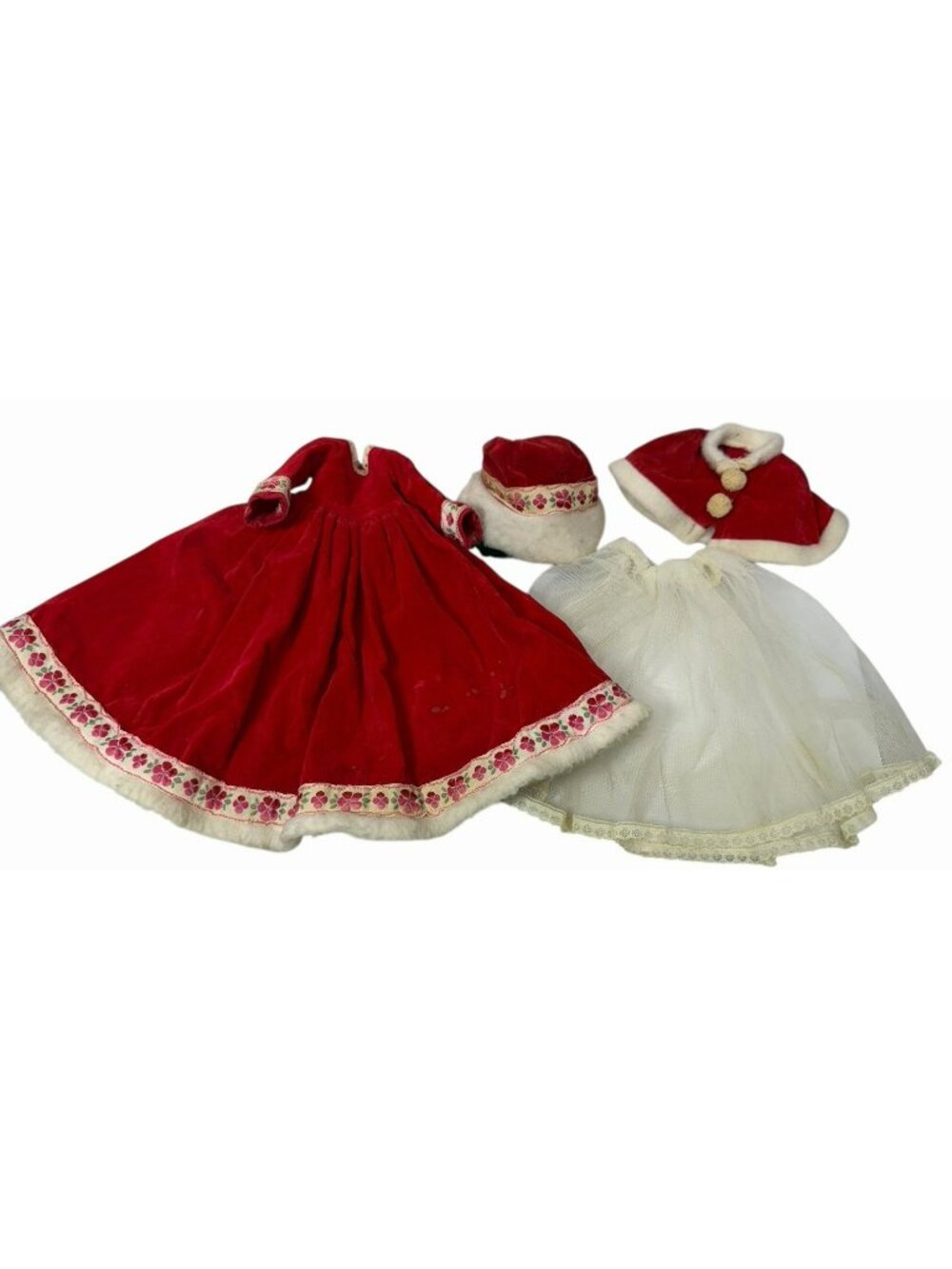 Vintage 1960s Vogue MISS GINNY 15" Doll Dress Red Velvet Fur Floral Trim Bonnet